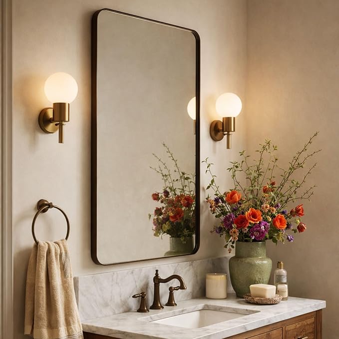 GRACTO 24x30'' Brushed Gold Metal Framed Bathroom Mirror for Wall in Stainless Steel Rounded Rectangular Bathroom Vanity Mirrors Wall Mounted