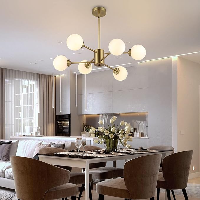 WINGBO 6-Light Sputnik Chandelier, Modern Pendant Light Fixture with 4.7" Opal White Glass Globe Shade for Flat and Slop Ceiling, Height Adjustable for Kitchen Living Room Dining Room Bedroom, Gold
