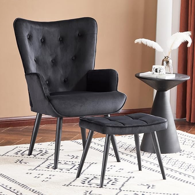 Furniliving Velvet Accent Chair with Ottoman, Upholstered Reading Chair with High Backrest, Tufted-Button Wingback Armchair for Bedroom, Dressing Room, Home Office, Black