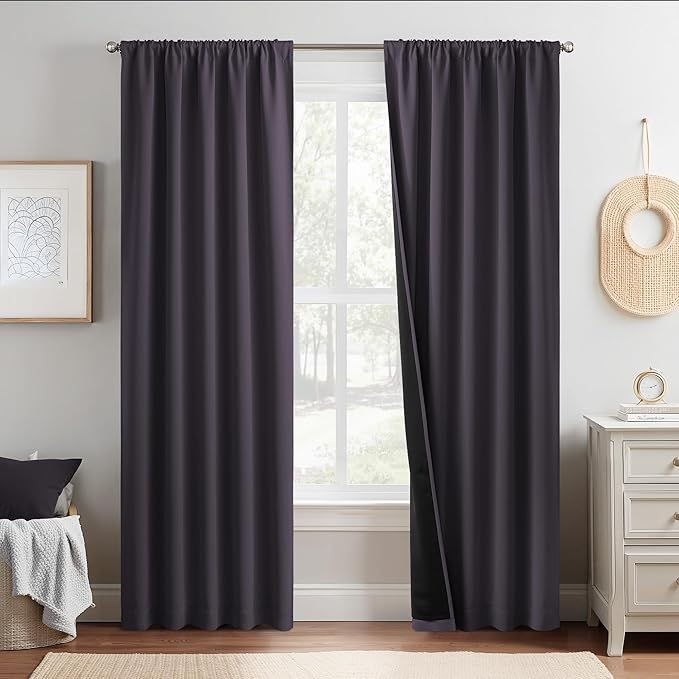 NICETOWN Purple Brown Blackout Curtain Panels, 52 x 84 Inches Rod Pocket Window Curtains with Black Liner for Nursery, Cold and Full Light Blocking Draperies, Style for Bedroom Living Room, 2 Pieces