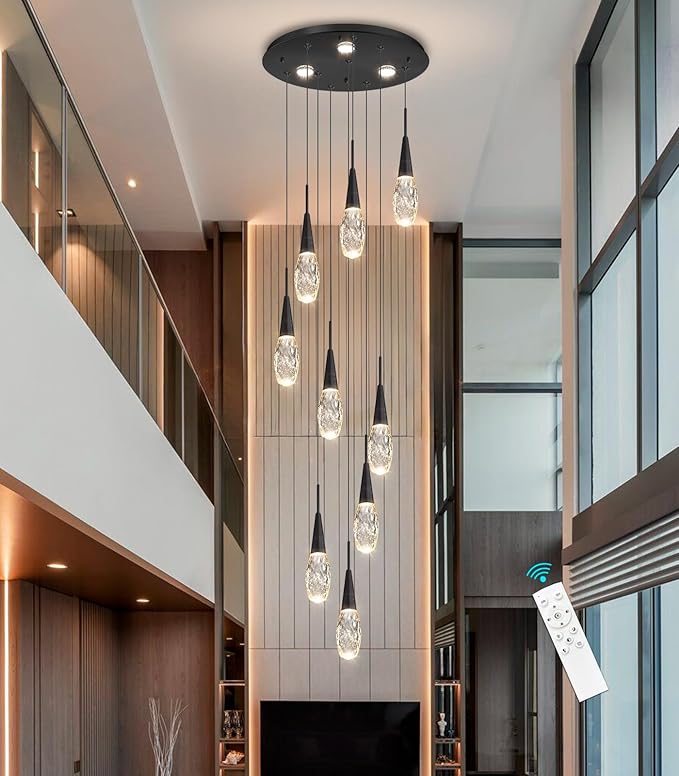 118 Inches Long Chandelier Adjustable Hanging Lights Modern Glam Crystal Ceiling Pendant Dimmable Lighting Fixture for Hallway Foyer Living Room Black
