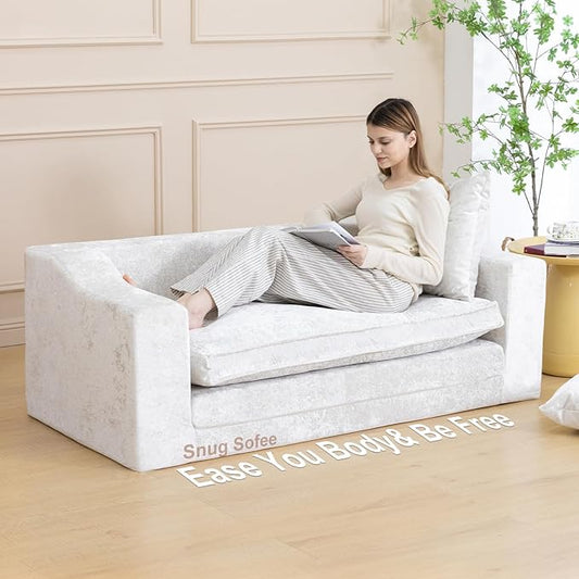 61" Convertible Sofa Bed Loveseat, Memory Foam Boneless Floor Couch with Removable Plush Velvet Cover, Tri-folding Compact Full-size Sleeper for Small Living Room, Playroom, Guest Room, RV (Off White) | Convertible Sofa Bed, Premium Memory Foam, Ergono...