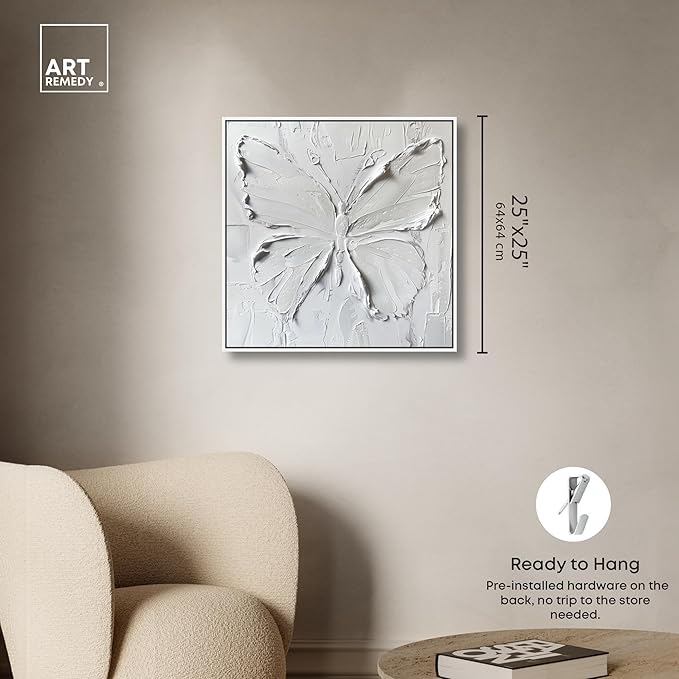Art Remedy White Butterfly Canvas Elegant White Gold Wall Art, White Frame, 24" x 24"