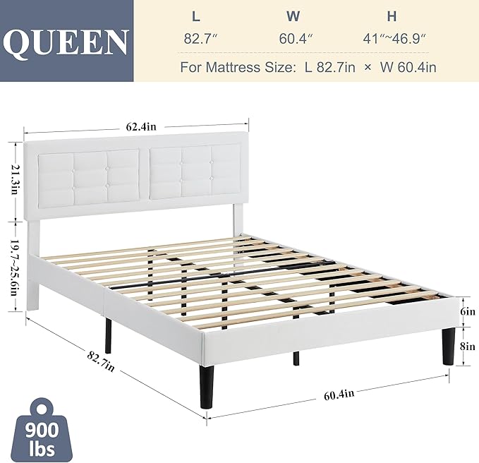 VECELO Queen Size Bed Frame with Adjustable Headboard, Upholstered Button Tufted Platform Bedframe with Wood Slats Support, No Box Spring Needed, Linen & White