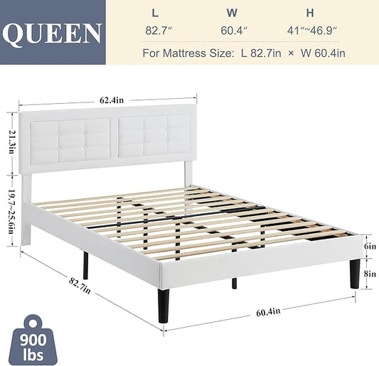 VECELO Queen Size Bed Frame with Adjustable Headboard, Upholstered Button Tufted Platform Bedframe with Wood Slats Support, No Box Spring Needed, Linen & White