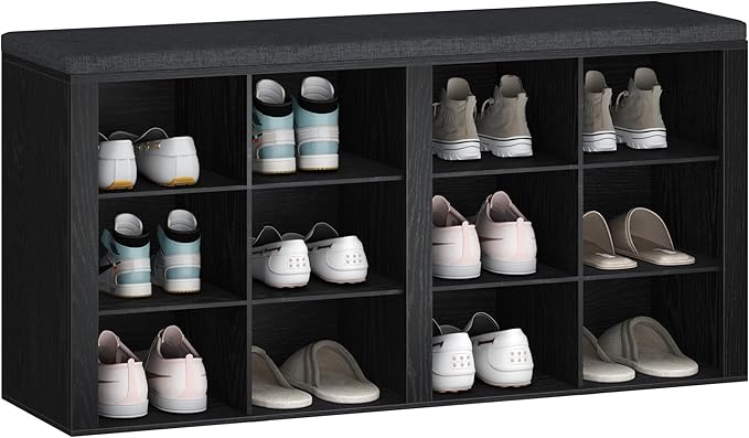 Shoe Bench with Cushion, Entryway Storage Bench with 12 Cubbies, Cubby Shoe Rack with Adjustable Shelves, Shoe Organizer Cabinet for Living Room, Bedroom, Entryway, Black SB19004GY