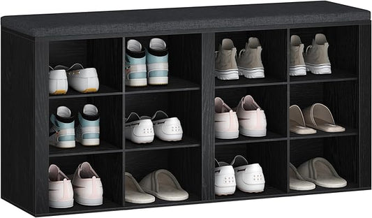 Shoe Bench with Cushion, Entryway Storage Bench with 12 Cubbies, Cubby Shoe Rack with Adjustable Shelves, Shoe Organizer Cabinet for Living Room, Bedroom, Entryway, Black SB19004GY