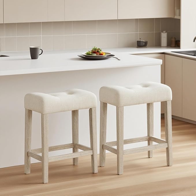 ERGOMASTER 24” Counter Height Saddle Stools, Upholstered Bar Stools, Solid Rubber Wood, Button-tufting Seat, Light Beige/Light Wood, Set of 2