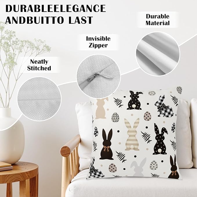 Easter Outdoor Bunny Pillow Covers 16x16 Set of 2 Black White Polka Dot Rabbit Eggs Pillow Case Farmhouse Holiday Cushion Covers for Sofa Couch Home Decor