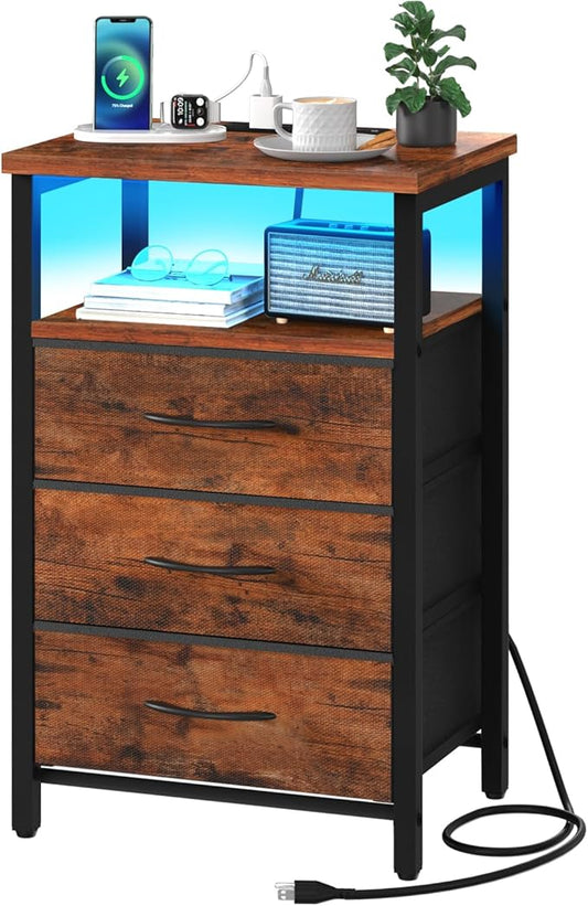Yoobure Night Stand with Charging Station, 16 Colors LED Nightstand with USB Ports and Outlets, End Table with 3 Fabric Drawers and Storage Shelf, Bedside Tables Small Dresser for Small Space, Brown