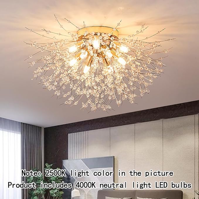 Crystal Flush Mount Ceiling Light Gold Modern Sputnik Firework Close to Ceiling Lamp LED Flower Ceiling Light Fixtures for Living Room Bedroom Kitchen Island Entryway Hallway Foyer 9 G9 Bulbs Included