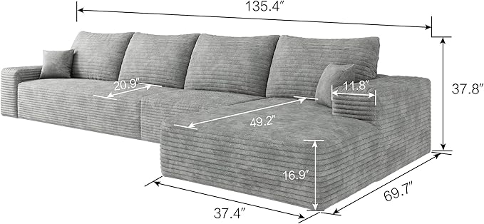 135" Corduroy Couch Sectional with Chaise, L Shape Boneless Cloud Couches for Living Room Bedroom, Fluffy Deep Seat Compression Sofa, Modular Corner Couch No Assembly, Right Facing Chaise, Grey