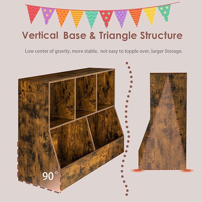 DINZI LVJ Toy Storage Organizer, Kids Bookshelf, Wood Toy Storage Cabinet, 5 Cubby Children Bookcase, 39.4" L Toddler Book Shelf for Playroom, Living Room, Nursery, Hallway, School, Rustic Brown