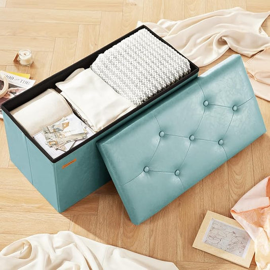HAUSFRAU - Storage Ottoman Bench, 30 Inches Button Tufted Upholstered Ottoman Footstool with Storage for Living Room Bedroom Entryway, Load 660 lb, Synthetic Leather, Light Blue
