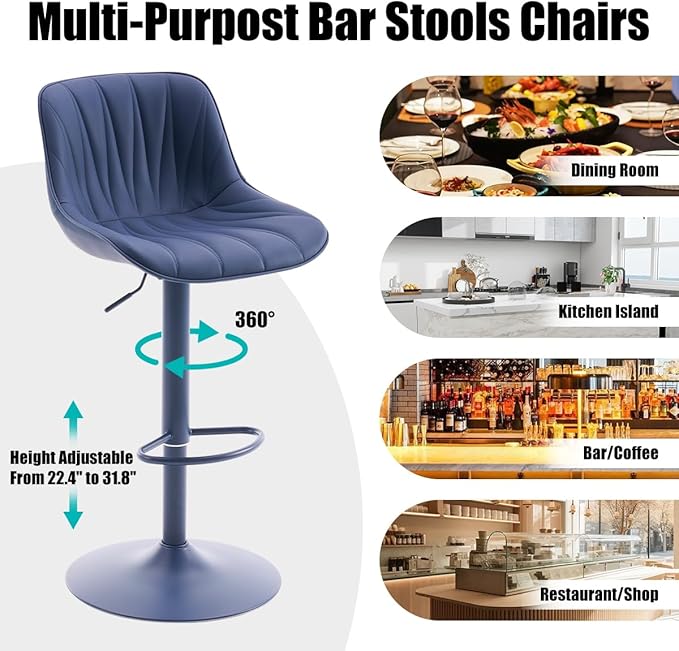 Kidol & Shellder Bar Stools Set of 2 Blue Adjustable Swivel Counter Height Barstools Upholstered Modern PU Leather Bar Chairs Stools for Kitchen Island