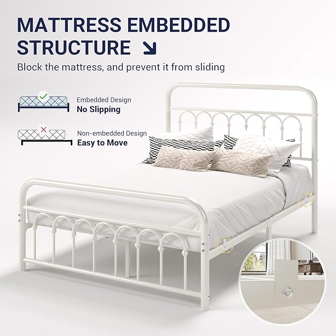 Allewie 14 Inches Full Size Metal Platform Bed Frame with Victorian Style Curved Iron-Art Headboard/Footboard, Metal Slats Support, Easy Assembly, Under Bed Storage, No Box Spring Required, White
