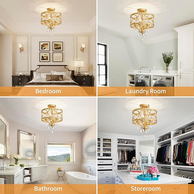 Crystal Ceiling Light Fixture, Modern Semi Flush Mount Ceiling Light, 4-Light Gold Round Crystal Chandelier Hallway Lighting Fixtures for Bedroom Bathroom Foyer Entryway Dining Room Kitchen