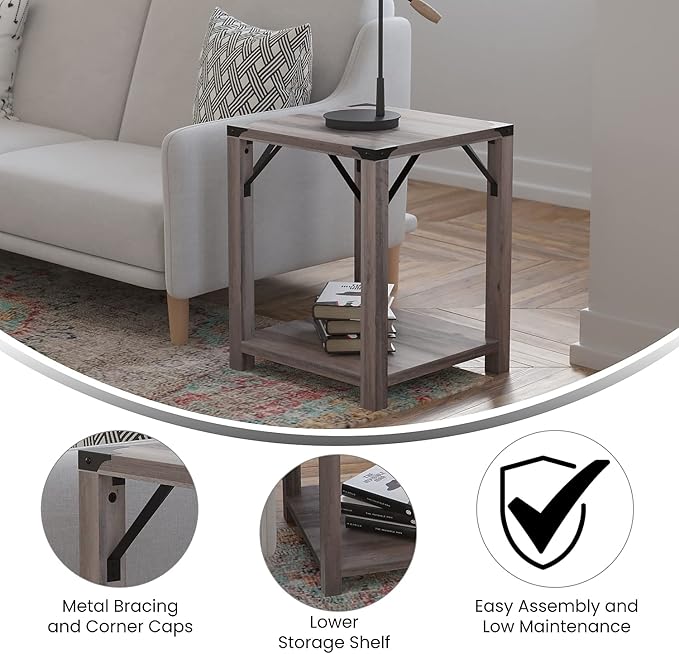 Flash Furniture Wyatt Modern Farmhouse 2 Tier Side Table - Gray Wash Engineered Wood Frame - Black Metal Crisscross Side Braces and Corner Accents