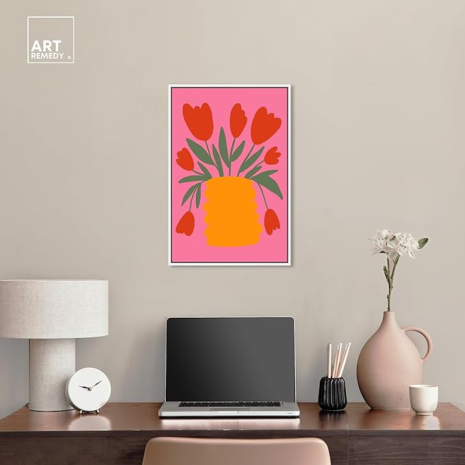 Art Remedy Bright Romantic Tulips Canvas Boho Colorful Wall Art, White Frame, 16" x 24"
