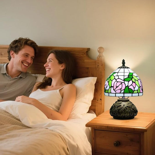 Small Tiffany Table Lamp,Stained Glass Lamp,8 Inch Mushroom Style Mini Vintage Desk Lights for Bedside, Bedroom,Nightstand,Living Room,3 Color Temperature (Pink Rose)