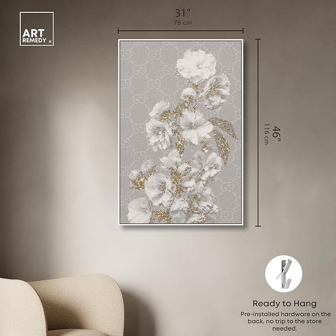 Art Remedy Floral in Classic Fashion Canvas Delicate Farmhouse Wall Art, White Frame, 30" x 45"
