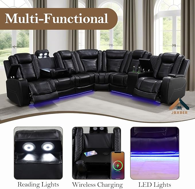 Power Recliner Sectional Sofa Set, Black Leather Sectional Couch for Living Room, L Shape Reclining Sofa with Cup Holder, Hidden Storage, Drop-Down Table for House(6 Seat)
