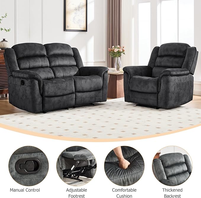 EBELLO 2 Pieces Reclining Loveseat Couch Furniture Set, Soft Fabric Manual Recliner Sofa Home Theater Seating, Manual Recliner and Wide 2PC Bonded Recliner Sofa Set for Living Room, Grey