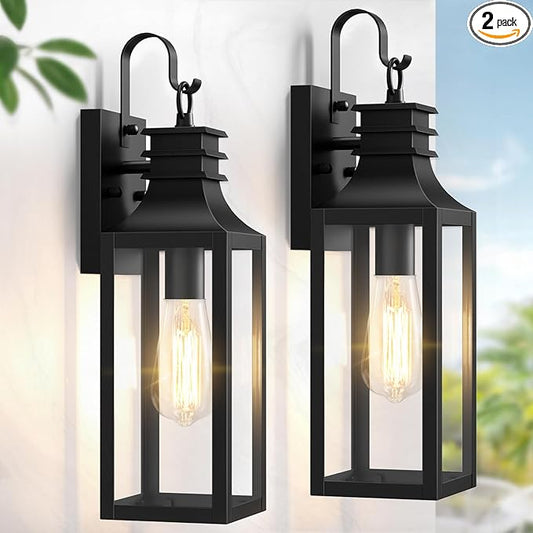 18" Outdoor Wall Lights 2-Pack, Black Modern Exterior Sconces with Clear Glass, Waterproof Aluminum Porch Lighting Fixtures, E26 Medium Base Lantern for House Garage Patio Front Decor