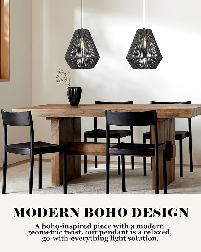 ELYONA Modern Woven Pendant Light Fixtures 12" Farmhouse Coastal Hanging Lamp Matte Black Handwoven Rattan Basket Shade Boho Pendant Light for Kitchen Island Dining Room Bar Bedroom Foyer Hallway