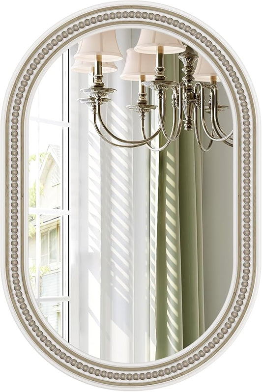 Boho Oval Wall Mirror, 24" x 36" Farmhouse Antique Bathroom Oval Mirrors Over Sink, Wooden Rustic with Beaded for Bedroom, Dining Room, Hallway, Living Room, Vertical or Horizontal Hanging