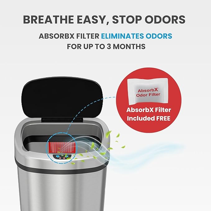 iTouchless 13 Gallon Sensor Trash Can on Wheels with Odor Filter, 50 Liter Automatic Kitchen Garbage Bin, Oval Fingerprint-Proof Stainless Steel, Hands-Free Motion Lid, Brushed Silver