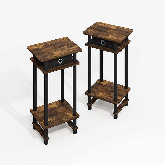 Furinno Modern Side Table Set of 2, 3-Tier End Table with Storage Bin, Open Shelf Night Stand, Bedside Table, for Living Room, Bedroom, Amber Oak