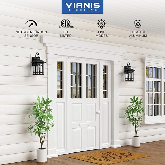 VIANIS Large Black Outdoor Motion Sensor Light, Distance and Time Adjustable Dusk to Dawn Exterior Lighting Fixtures, Anti-Rust 100% Aluminum Patio Wall Light Fixture for House, Garage, Backyard