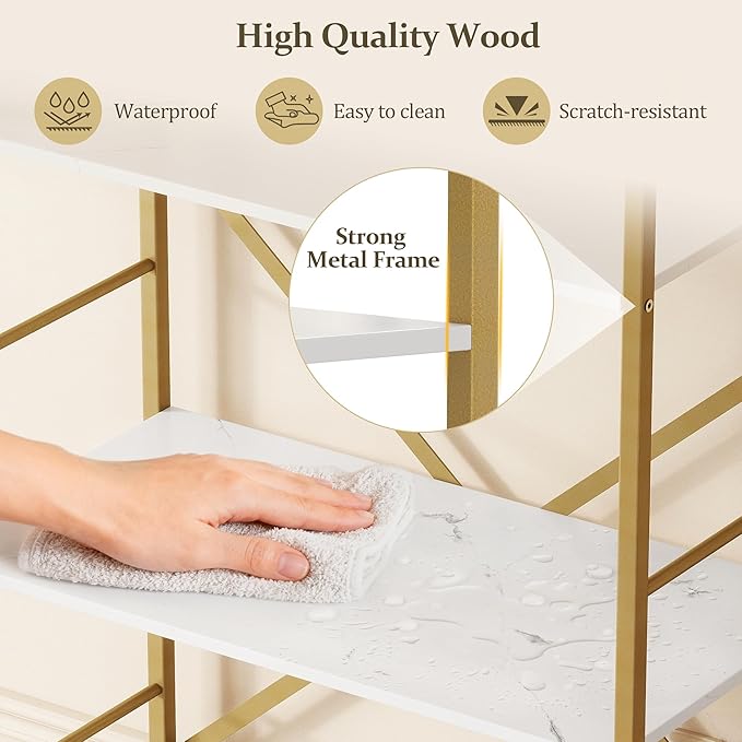 5 Tier Bookshelf Gold, 66.14 Inches Tall Arched Bookcase, Wide Storage Bookshelves with 4 Hooks, Stand Display Shelf for Living Room, Home Office, White and Gold