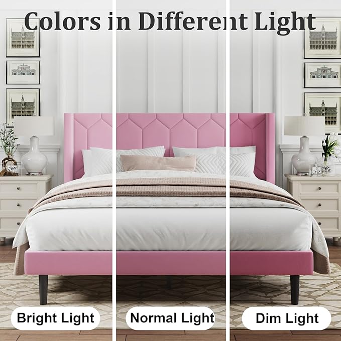 Full Size Bed Frame with Velvet Upholstered Headboard, Platform Bed Frame No Box Spring Needed, Modern Bedframe with Strong Wooden Slats, Pink