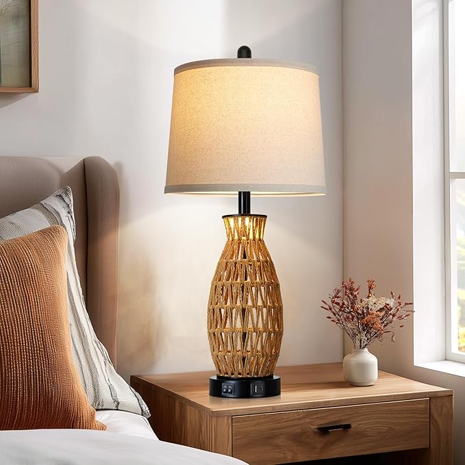 27" Rattan Table Lamps Set of 2 with Night Light, Boho Wicker Bedside Lamp for Bedroom with USB A+C Ports, Coastal Handwoven Woven Nightstand Lamps, Nautical Living Room Lamp for End Table