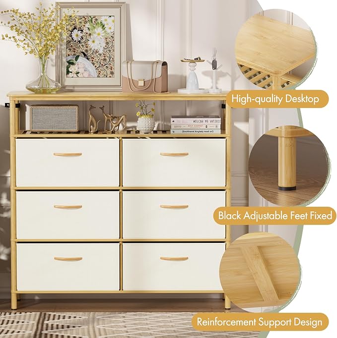 Solid Wood Dresser, Dresser with 6 Drawers, Solid Bamboo Frame Paired with Fabric Storage Boxes, Large Capacity, Stable and Durable, Versatile Style, for Bedrooms, Living Rooms, and Hallways