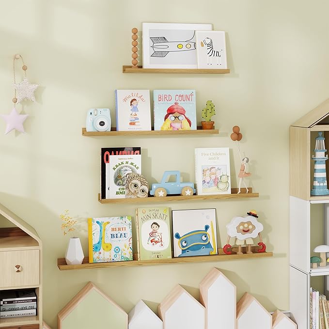 Fun Memories Picture Ledge Shelves Set of 2-55 Inch Shelves with Lip - Large Nursery Bookshelf for Storage - Floating Shelf Wall Mounted for Living Room - Bedroom -Kitchen - Oak Color