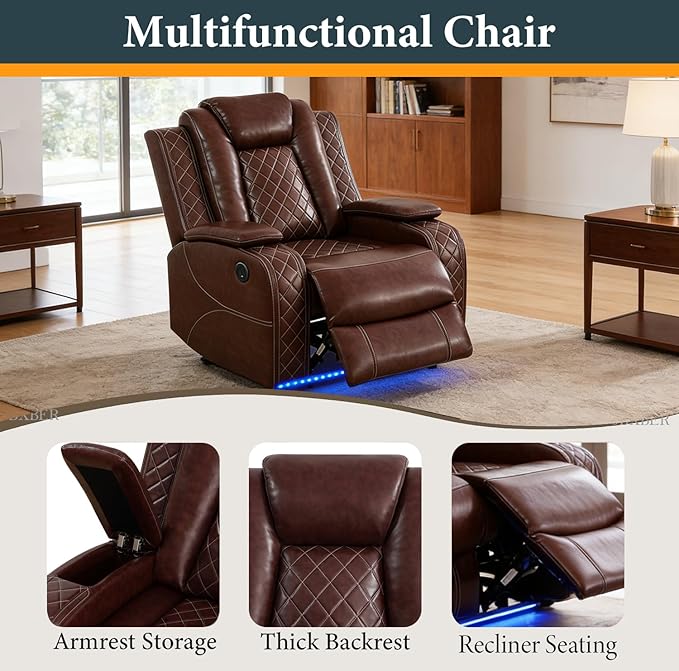 Power Recliner Sectional Sofa Set, Brown Leather Sectional Couch Set with 5 Recliners for Living Room, L Shape Reclining Sofa with Cup Holder, Hidden Storage, Coffee Table for House(9 Seat)
