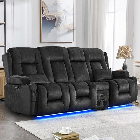 IPKIG Power Recliner Sofa with Flip-Up Backrest Console, USB & USB-C Ports, AC Outlet, LED Lights, Wall Hugger Recliners for Living Room, RV (Drak Grey, 89" - 4 Seat) | Velvet Fabirc, Zero Gravity, Dual Reclining, 2 Lumabr Pillow, Bluetooth Speakers