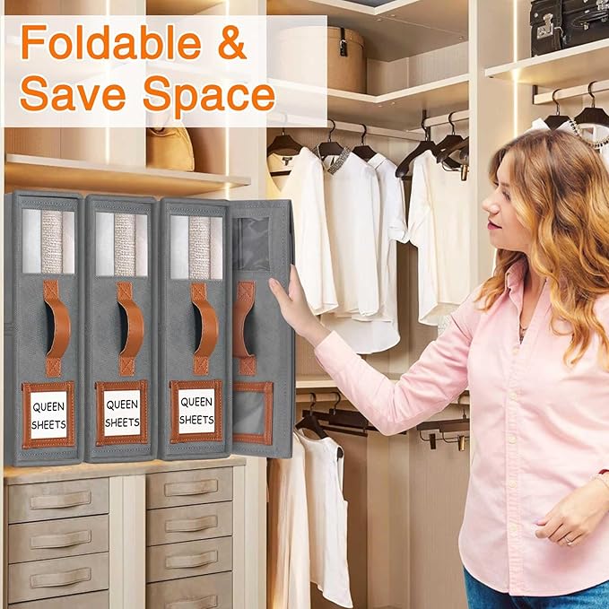 GhvyenntteS 6 Pack Bed Sheet Organizers and Storage, Sturdy Bed Sheet Organizer with Zipper and Handle, Foldable Linen Closet Organizers and Storage with Window and Label, Grey