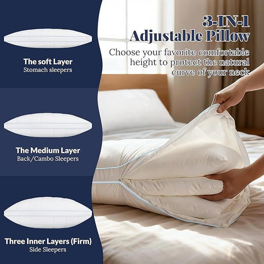 3-in-1 Adjustable Pillows Bed Pillow King Size Set of 2 - Luxury Hotel Collection Pillows for Sleeping, Customizable Firmness & Height Pillow for Back, Stomach or Side Sleepers