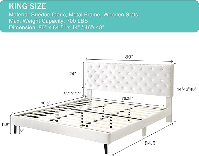 King Upholstered Platform Bed Frame with 48" Tall Adjustable Headboard - Button Tufted Suede Velour Bed- Wood Slat Support with Storage Space- No Box Spring Needed - Beige - OLIVER & SMITH - Princeton