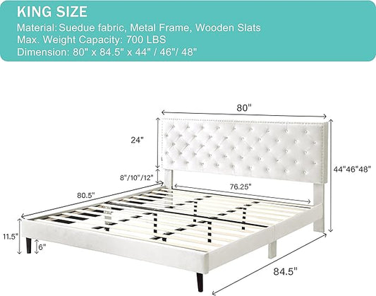 King Upholstered Platform Bed Frame with 48" Tall Adjustable Headboard - Button Tufted Suede Velour Bed- Wood Slat Support with Storage Space- No Box Spring Needed - Beige - OLIVER & SMITH - Princeton