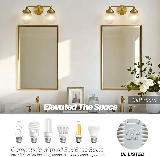 Vintage Double Arm Brass Wall Sconce Lighting, Clear Ribbed Glass 2-Lights Bathroom Vanity Light Fixture for Dining Room Bedroom Living Room Corridor
