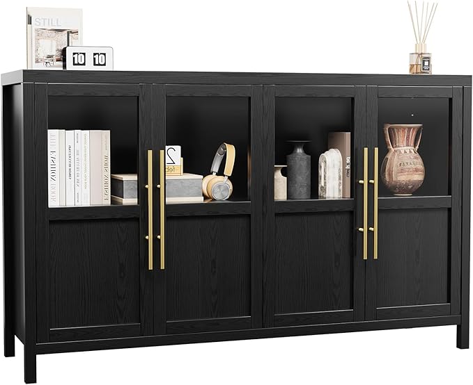 GarveeHome Sideboard Buffet Cabinet with 4 Glass Doors, 55 in Buffet Table Coffee Bar Wine Bar Display Cabinet for Kitchen Dining Room, Living Room (Glass with 4 Doors, Dark)