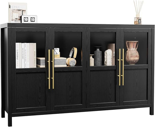 GarveeHome Sideboard Buffet Cabinet with 4 Glass Doors, 55 in Buffet Table Coffee Bar Wine Bar Display Cabinet for Kitchen Dining Room, Living Room (Glass with 4 Doors, Dark)