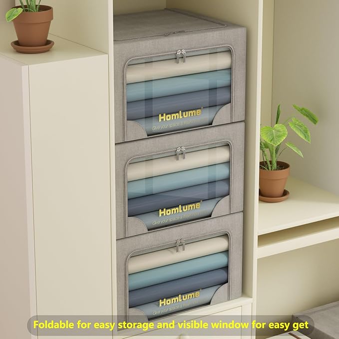 3 Packs Storage Boxes for Clothes Collapsible Storage Bins with Cedar Wood Piece, Linen with Metal Supports and Durable Handles Metal Storage box,Clear Window with Zippers (Light Grey,36L)