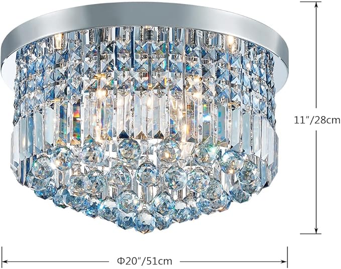 Saint Mossi 9 Light Modern K9 Crystal Chandelier Lighting, Flush Mount, Perfect for Dining Room, Bathroom, Bedroom, E12 Bulb Base; Height 11" x Diameter 20"; Lake Blue Crystal & Chrome Finish