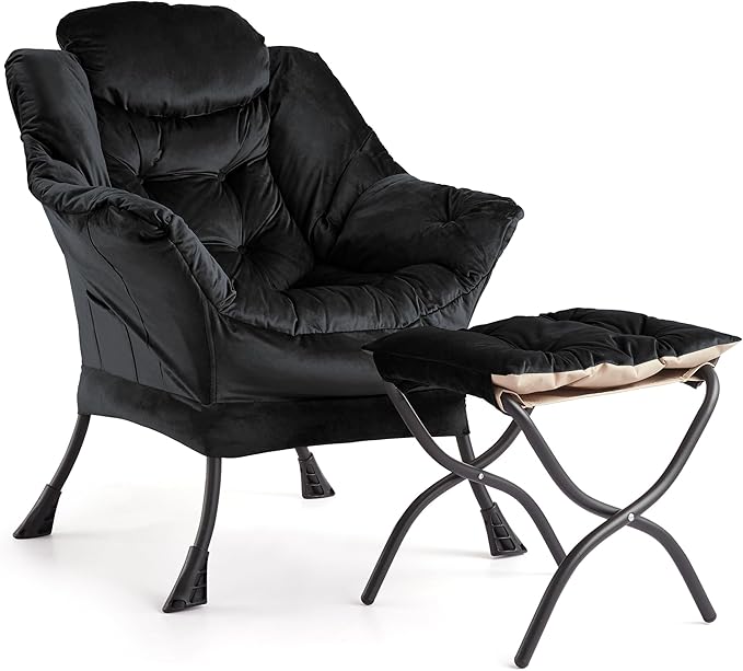 GarveeHome Lazy Chair with Ottoman, Modern Lounge Accent Chair, Leisure Sofa Armchair with Footrest, Reading Armchair with Side Pocket for Living Room, Bedroom, Dorm & Office (Black)